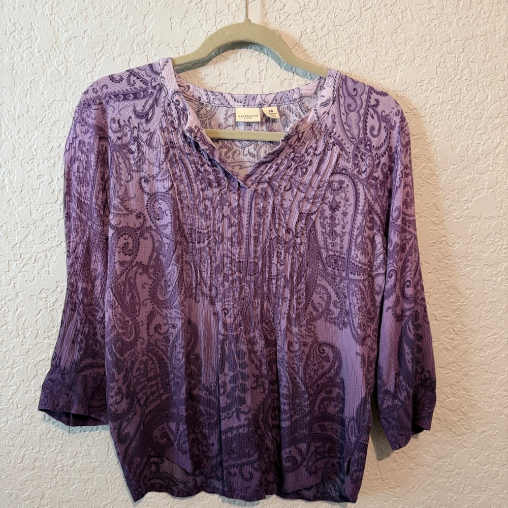 Westbound Paisley Pintuck Blouse PS Purple Ombre Boho Cottagecore Top